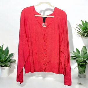 NWT Lane Bryant Size 26/28 Ruffle Front Long Sleeve Cardigan Sweater Dark Coral